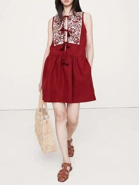 Retro Embroidered Tencel & Linen Mini Dress